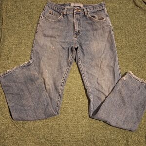 Wrangler straight leg jeans with a distressed, faded look!